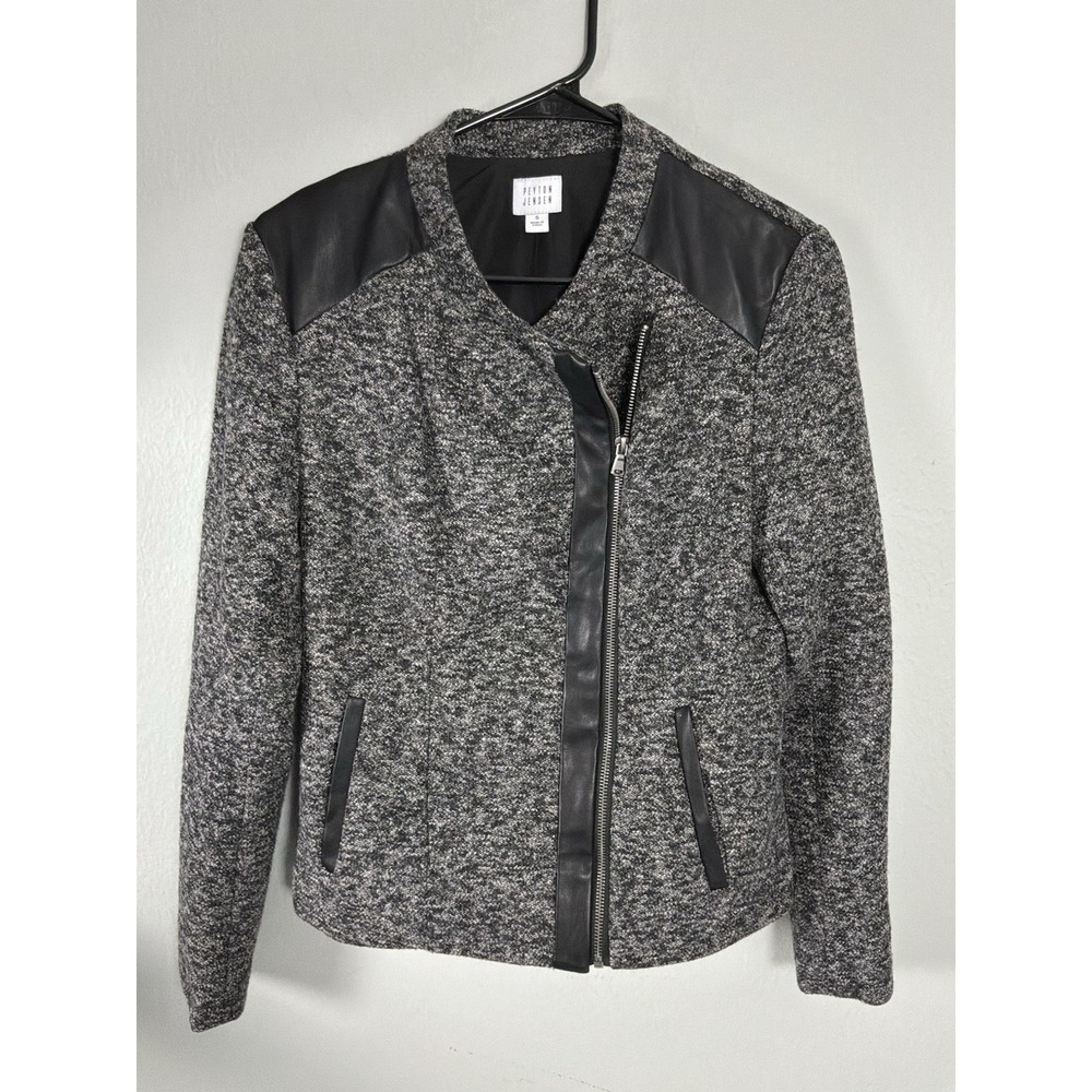 Peyton Jensen Moto Jacket Womens Small Gray Knit Faux Leather Trim Zip